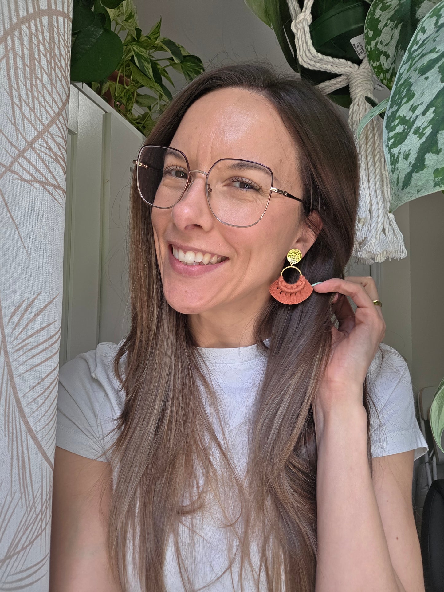 Macrame earrings, wooden base, eucalyptus color, gold clasps