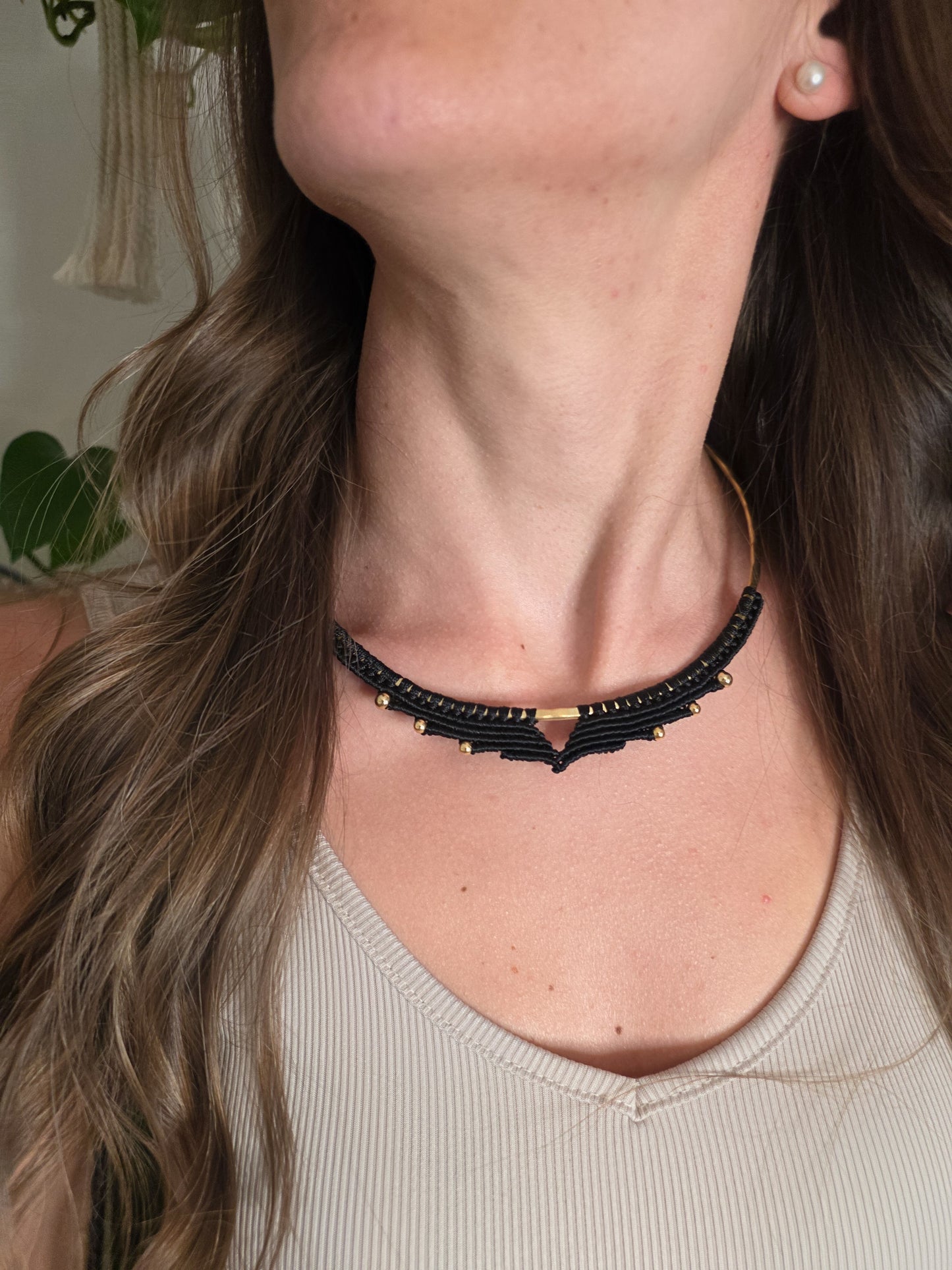 Soraya Necklace - Brass and micro-macrame, black