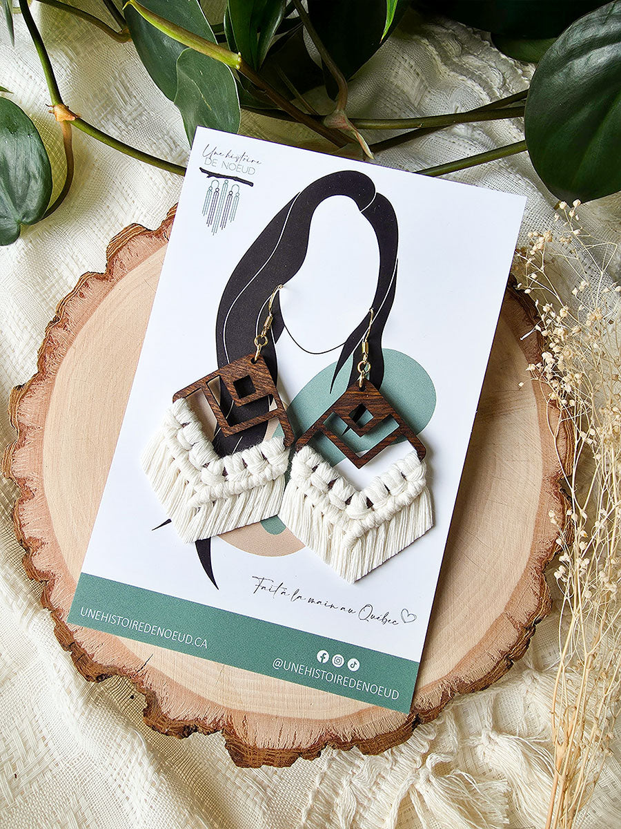 Macrame earrings, wooden base, eucalyptus color, gold clasps