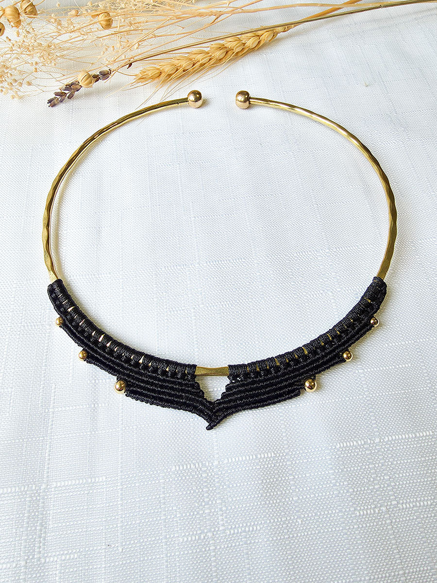 Soraya Necklace - Brass and micro-macrame, black