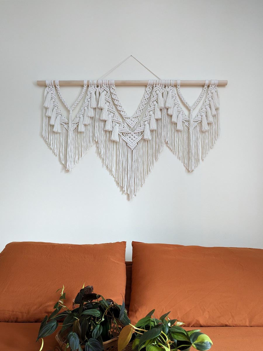 Grand macramé mural, couleur blanc chaud