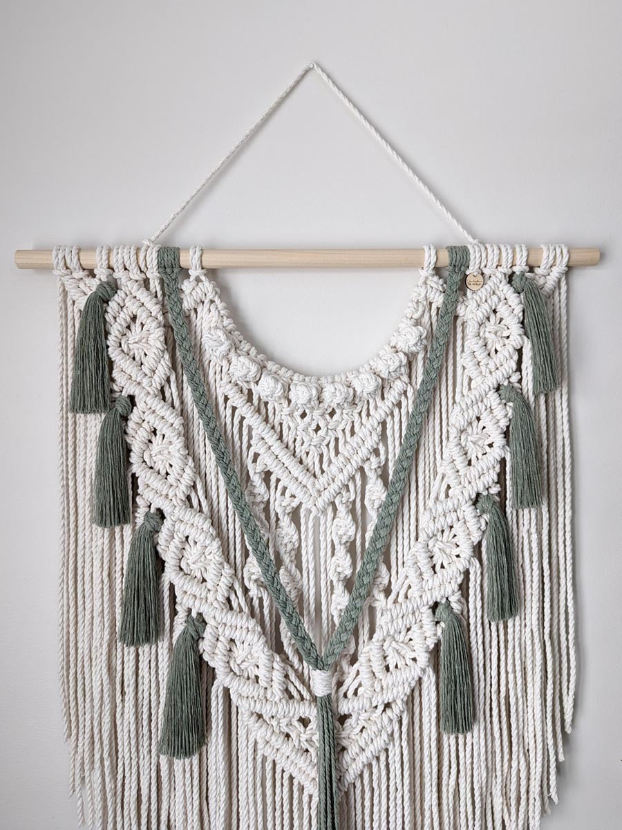 Grand macramé mural couleur ivoire et sauge