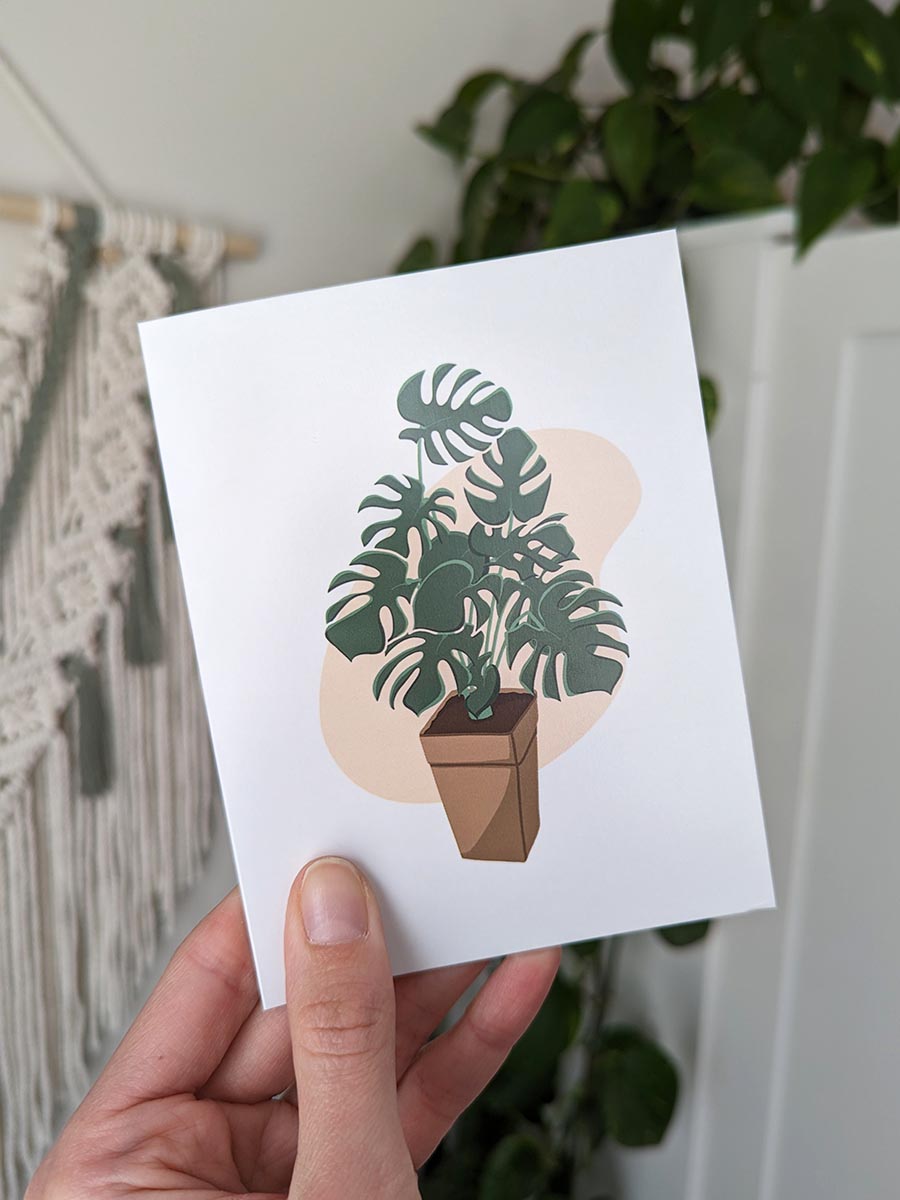 Carte monstera, Une Histoire De Noeud, Donnacona, illustrée au Québec extérieur|Carte de souhait, Une Histoire De Noeud, Donnacona, illustrée au Québec arrière