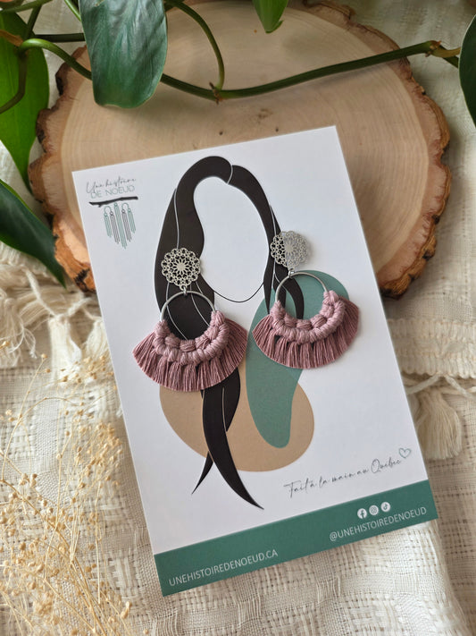 Macrame earrings, wooden base, eucalyptus color, gold clasps