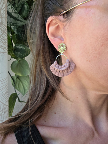 Macrame earrings, wooden base, eucalyptus color, gold clasps
