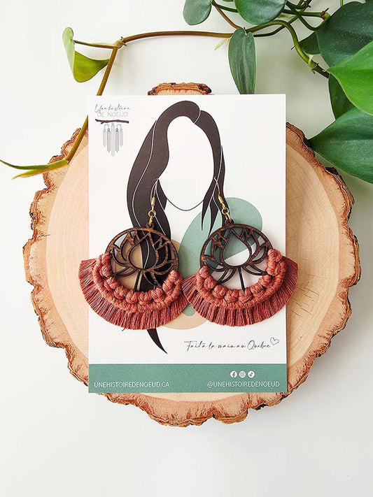 Boucles d'oreilles en macramé lotus, couleur cannelle, crochets or