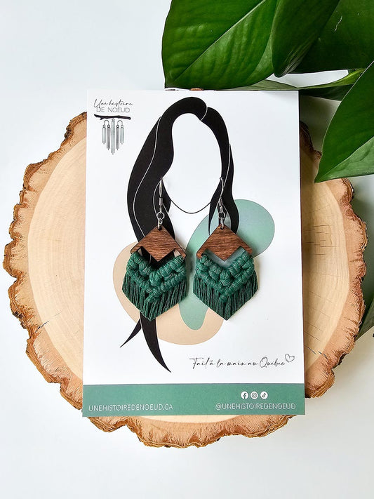 Boucles d’oreilles sur base en bois petite, couleur vert forêt et crochet argent