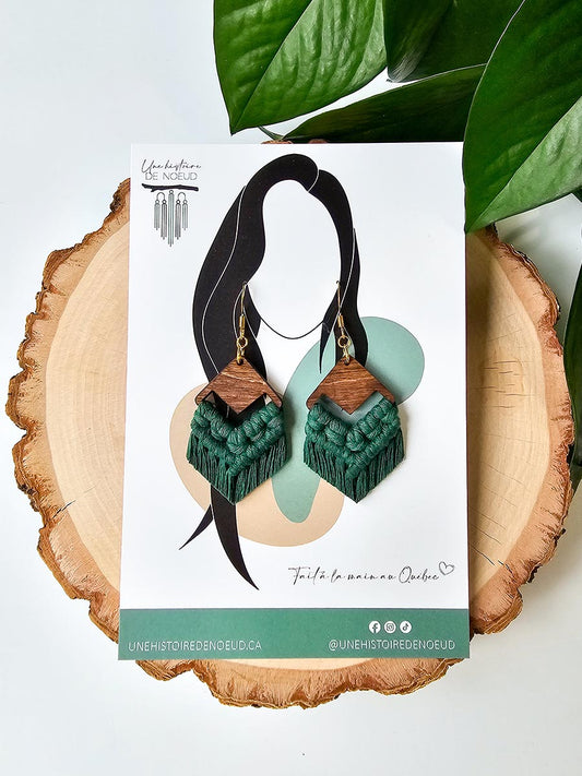 Boucles d’oreilles sur base en bois petite, couleur vert forêt et crochet or