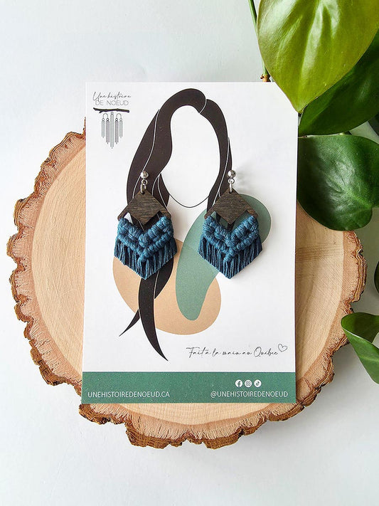 Boucles d’oreilles sur base en bois petite, couleur bleu foncé et attaches argent