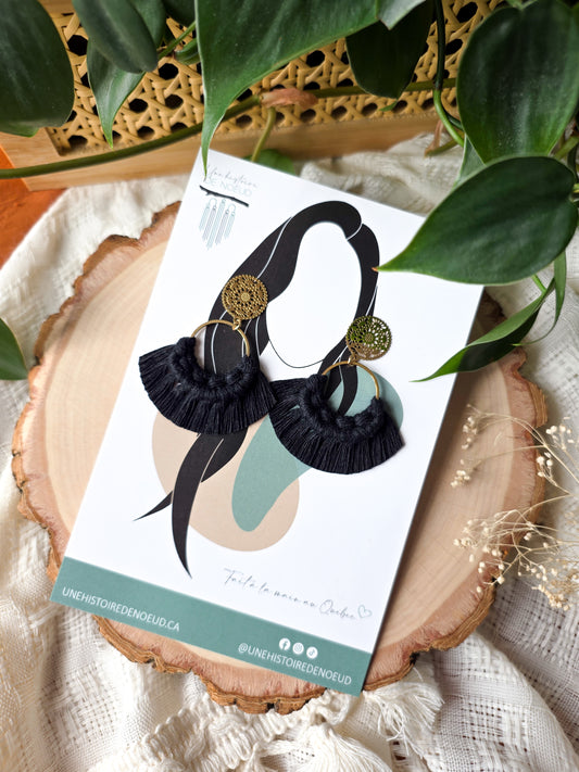 Macrame earrings, wooden base, eucalyptus color, gold clasps