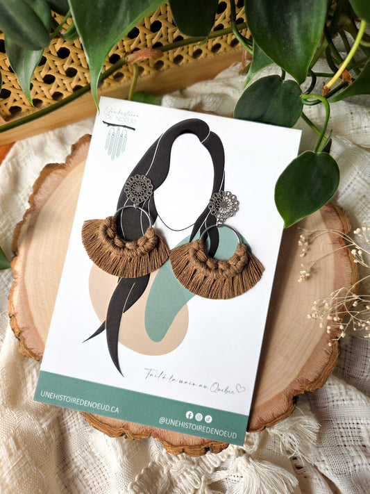 Macrame earrings, wooden base, eucalyptus color, gold clasps