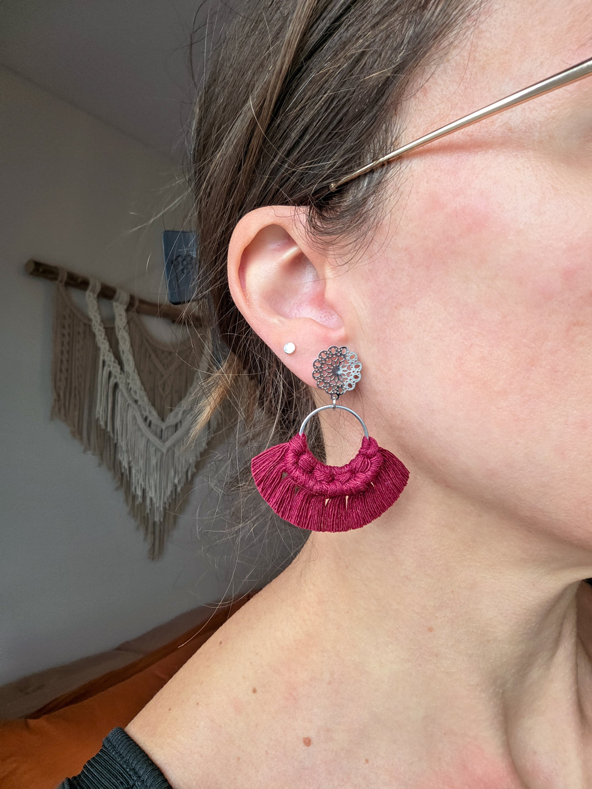 Macrame earrings, wooden base, eucalyptus color, gold clasps