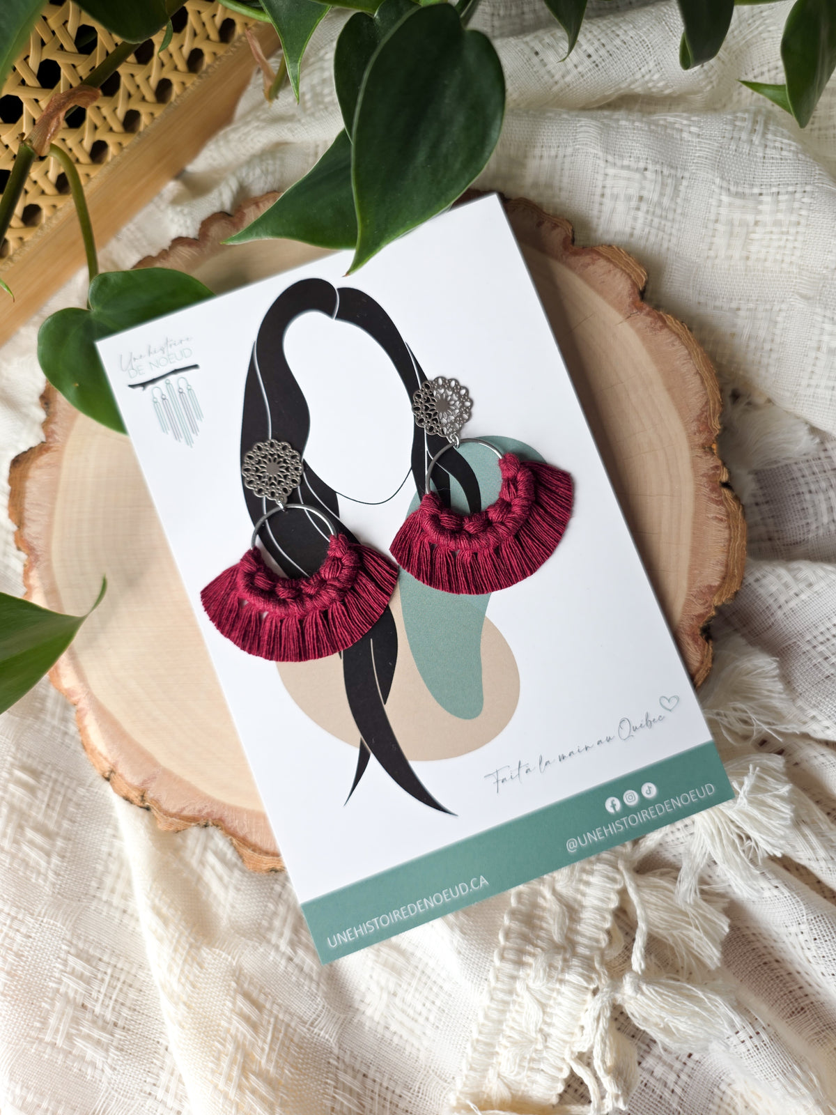 Macrame earrings, wooden base, eucalyptus color, gold clasps