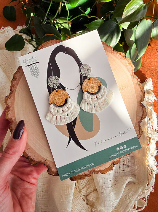 Boucles d’oreilles Mandala – Macramé bohème, couleur naturel et argent