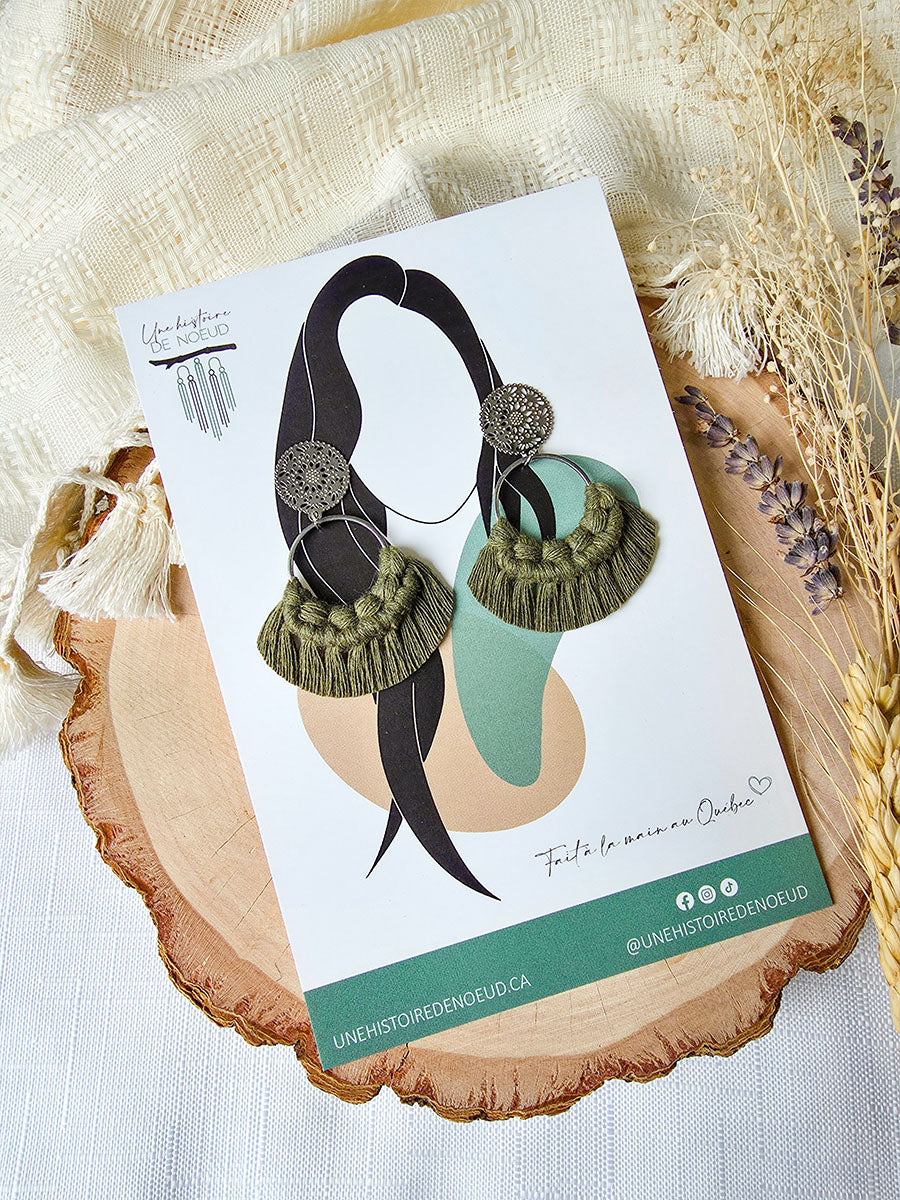 Macrame earrings, wooden base, eucalyptus color, gold clasps