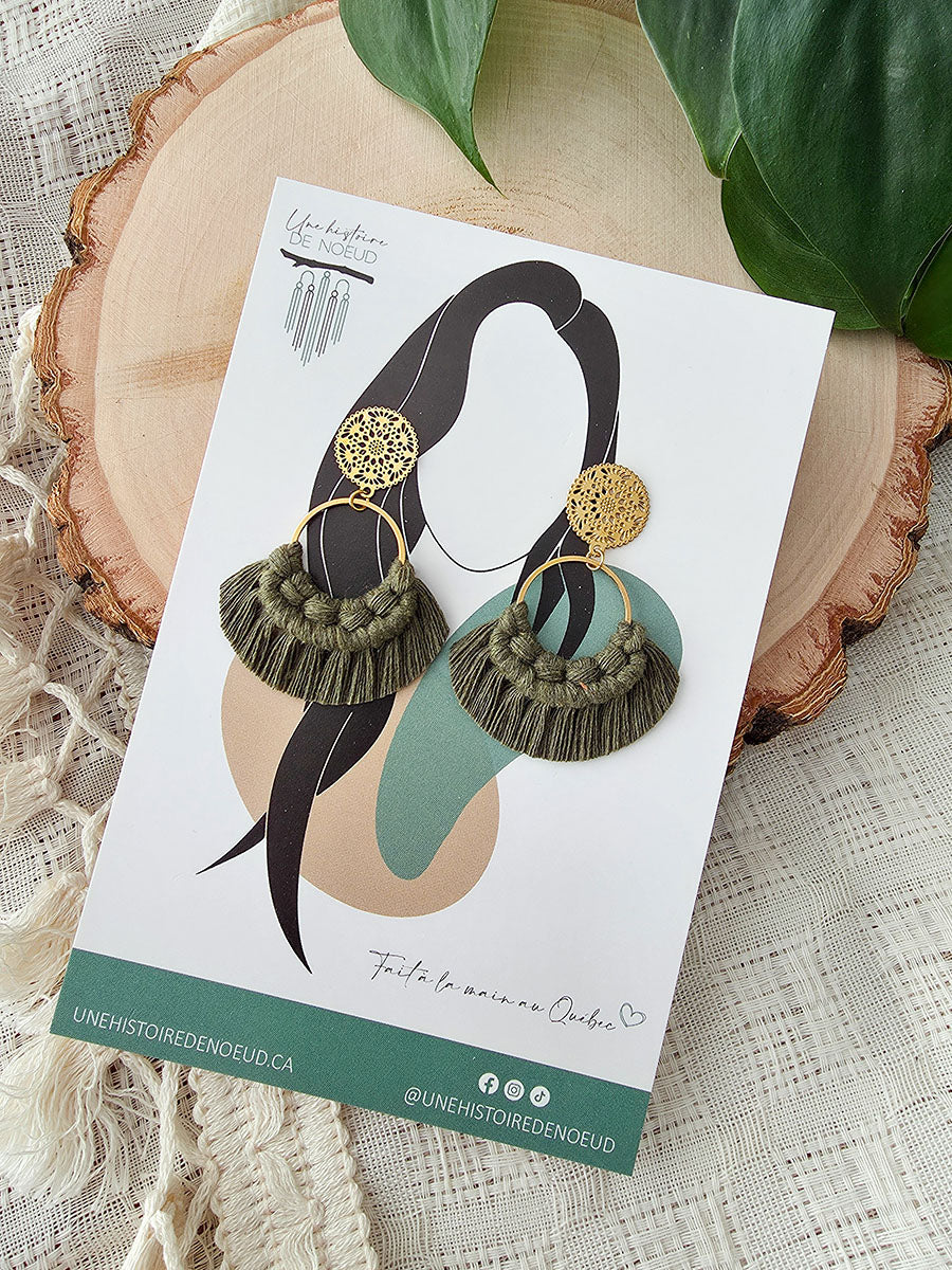 Macrame earrings, wooden base, eucalyptus color, gold clasps