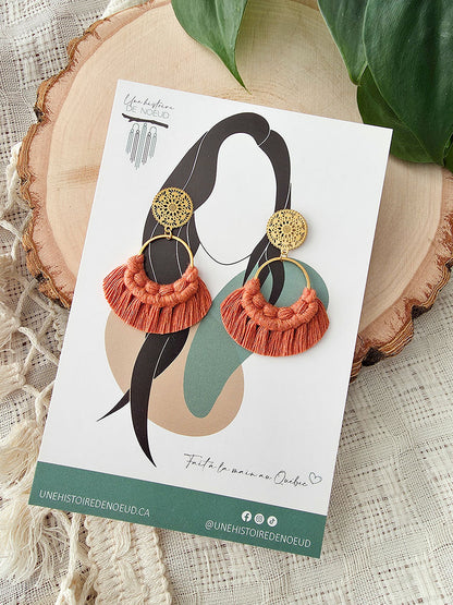 Macrame earrings, wooden base, eucalyptus color, gold clasps