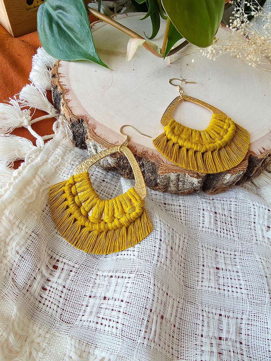 Macrame earrings, wooden base, eucalyptus color, gold clasps