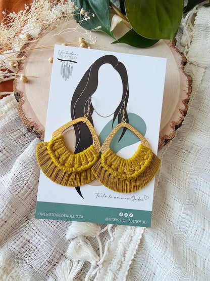 Macrame earrings, wooden base, eucalyptus color, gold clasps