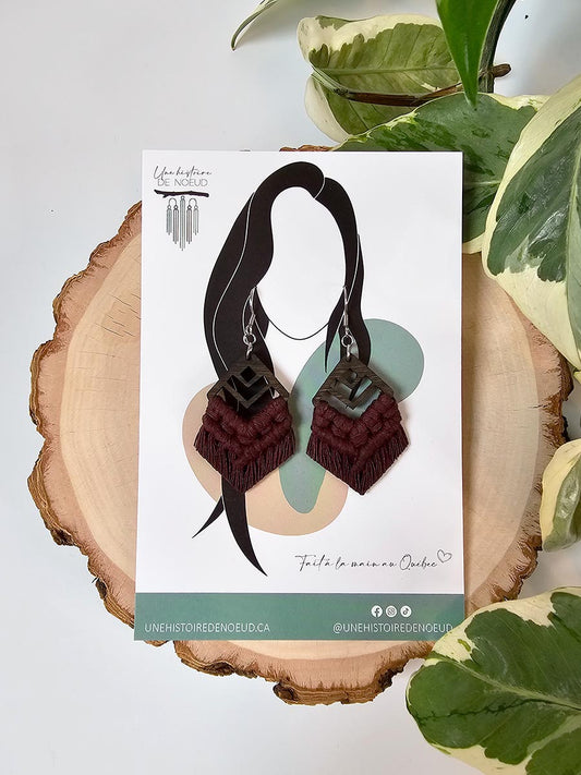 Boucles d’oreilles sur base en bois petite, couleur prune, crochet argent