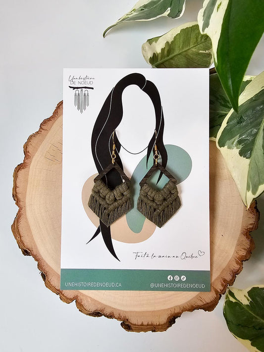 Boucles d’oreilles sur base en bois petites, couleur olive, crochet or