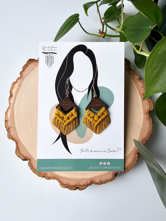 Boucles d’oreilles sur base en bois petite, couleur jaune épicé et crochet or