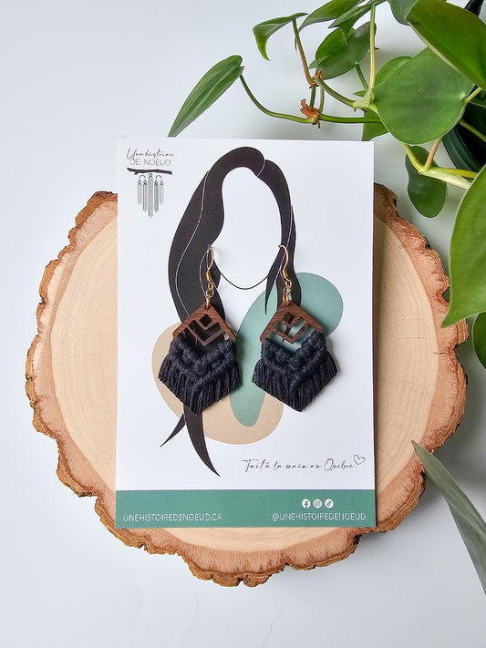 Boucles d’oreilles sur base en bois petite, couleur noir et crochet or
