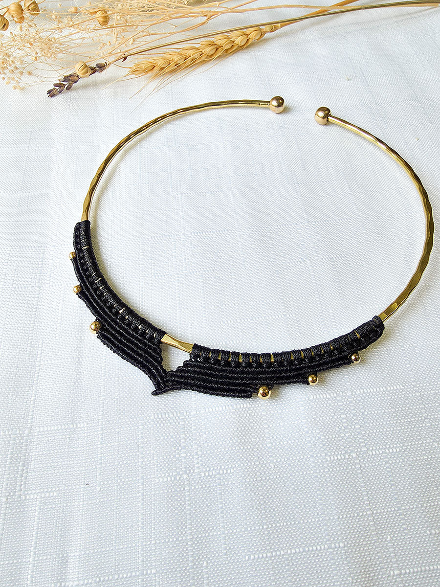 Soraya Necklace - Brass and micro-macrame, black