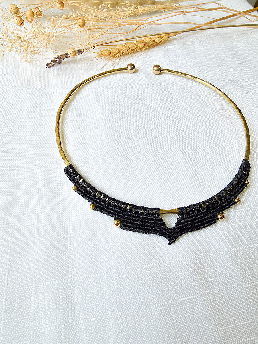 Soraya Necklace - Brass and micro-macrame, black