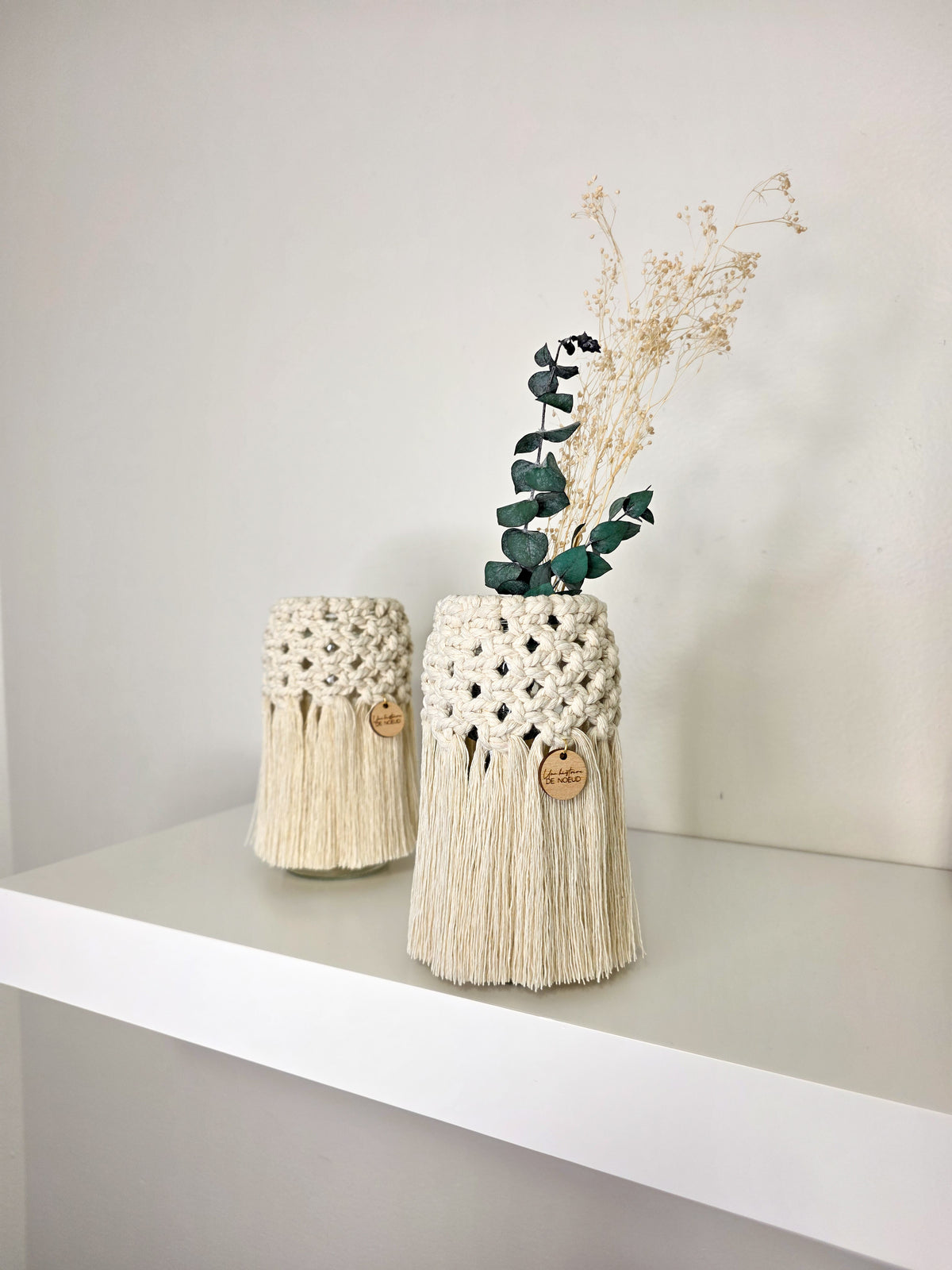 Vase Dahlia en macramé, bougeoir en verre, couleur naturelle
