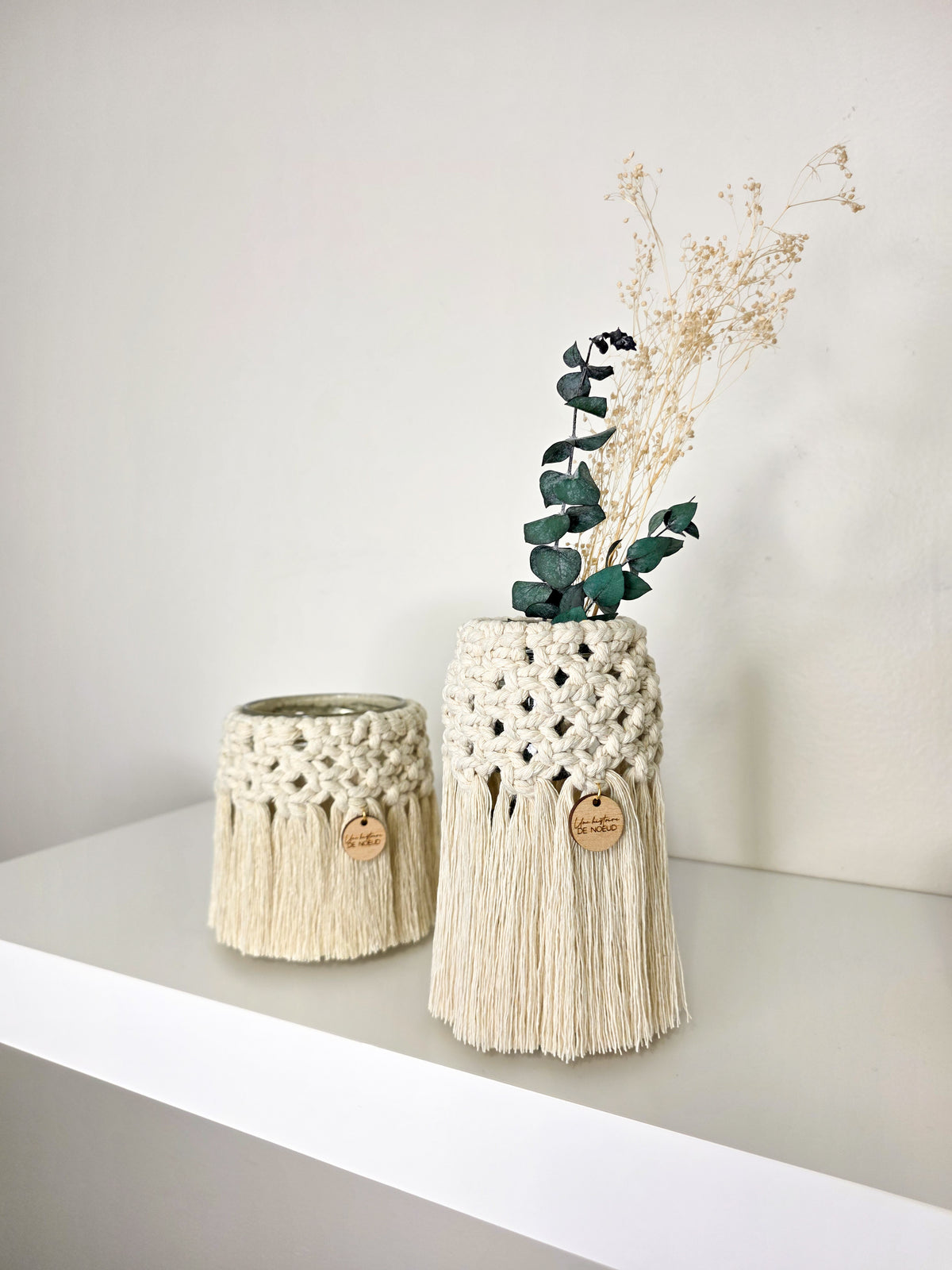 Vase Dahlia en macramé, bougeoir en verre, couleur naturelle
