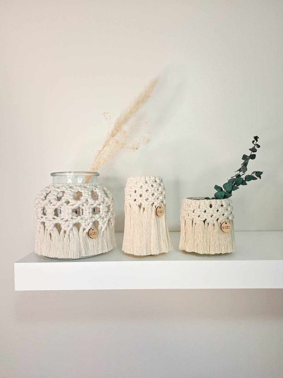 Vase Dahlia en macramé, bougeoir en verre, couleur naturelle