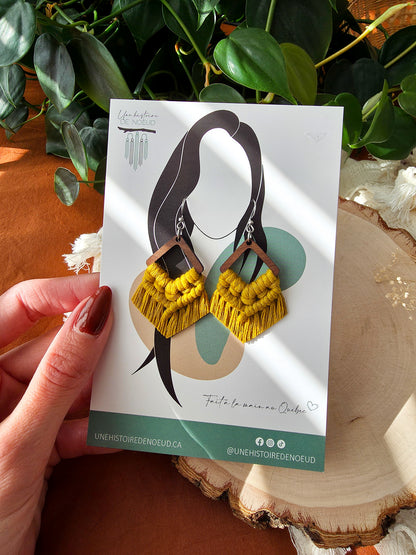 Boucles d’oreilles Élina en bois de noyer – format petit, couleur jaune épicé et argent