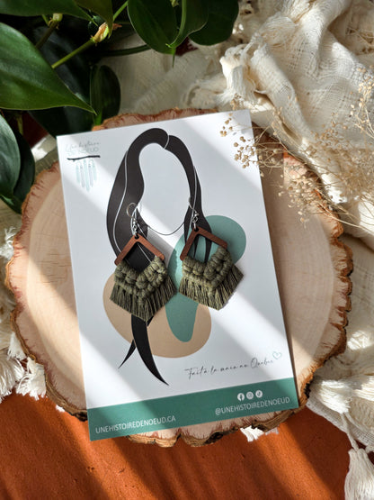 Boucles d’oreilles Élina en bois de noyer – format petit, couleur olive et argent