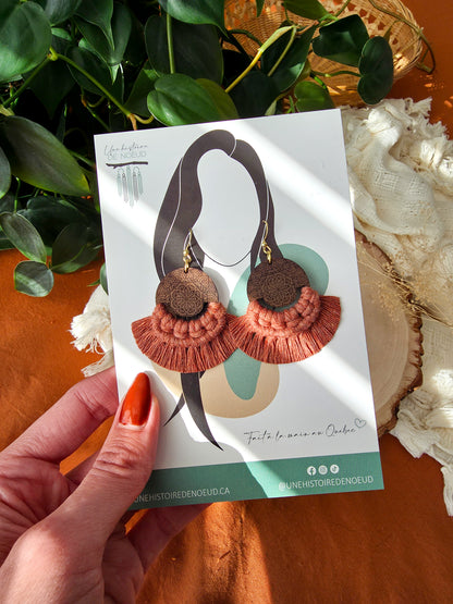 Boucles d’oreilles Mandala en bois de noyer – format petit, couleur cannelle et or