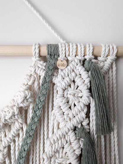 Grand macramé mural couleur ivoire et sauge