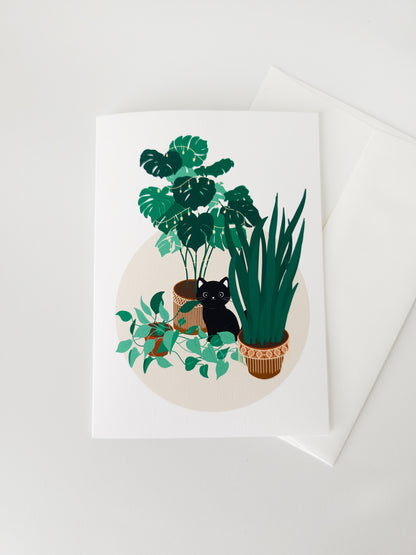 Carte de souhait, illustration "Chat noir et plantes"