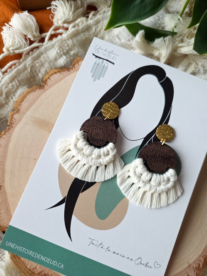 Boucles d’oreilles Mandala – Macramé bohème, couleur naturel et or