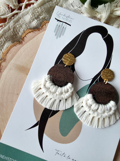 Boucles d’oreilles Mandala – Macramé bohème, couleur naturel et or